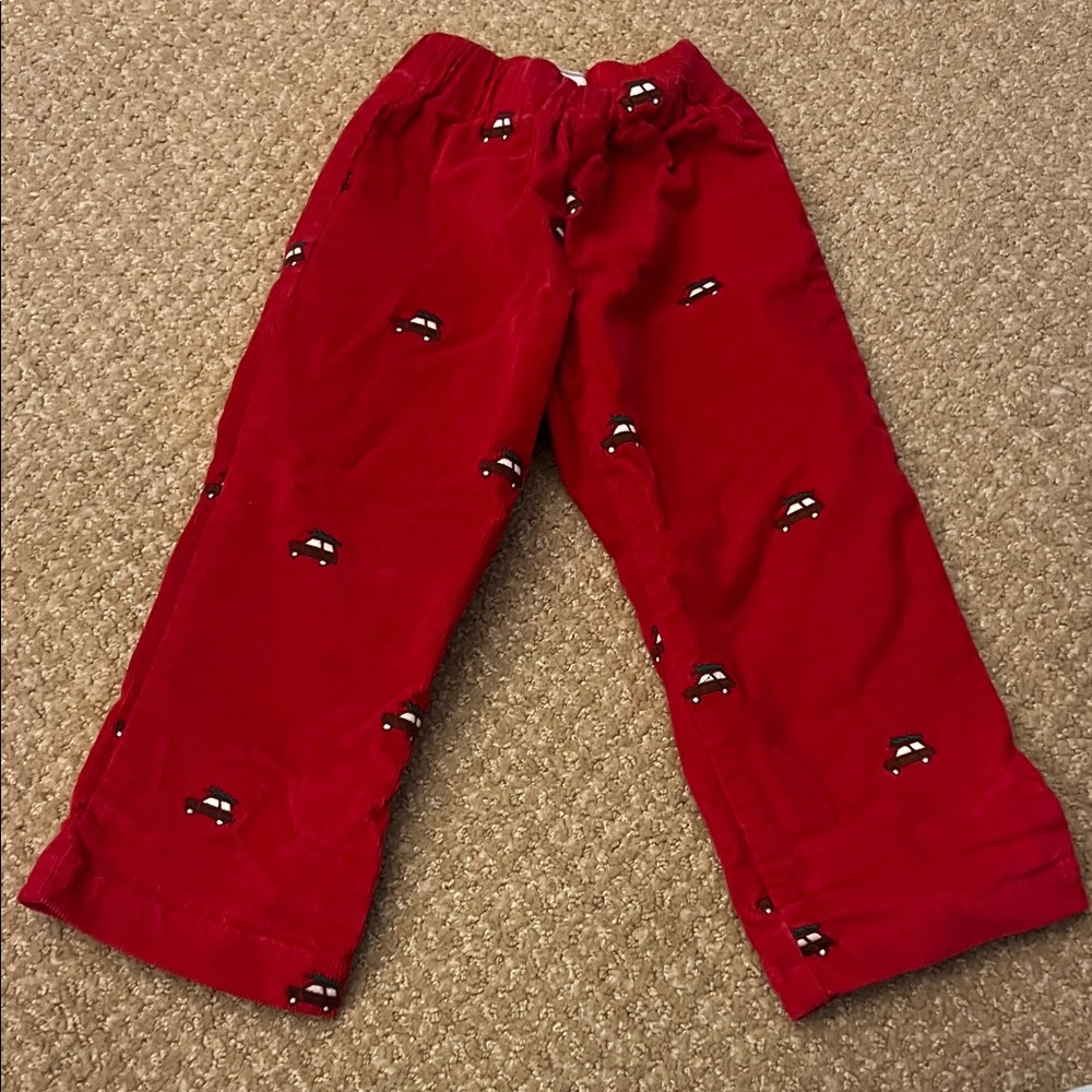 Classic Prep Red Kids Formal Trousers with Christmas Tree Car Pattern